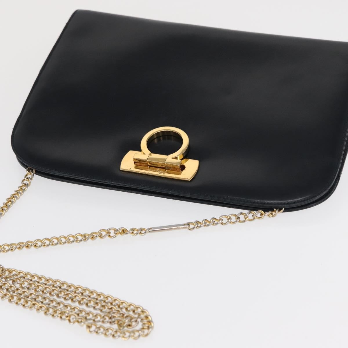 Salvatore Ferragamo Vintage Gancini Chain Shoulder Bag Leather, NAVY, LEATHER, Shoulder bag
