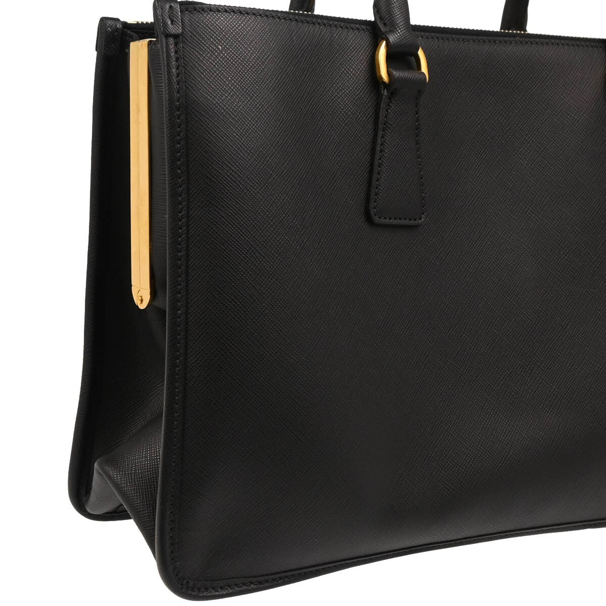 Prada Lux Double Zip Frame Tote Saffiano Leather, BLACK, LEATHER, Tote bag