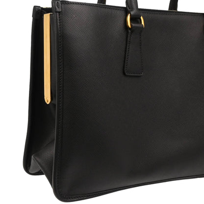 Prada Lux Double Zip Frame Tote Saffiano Leather, BLACK, LEATHER, Tote bag