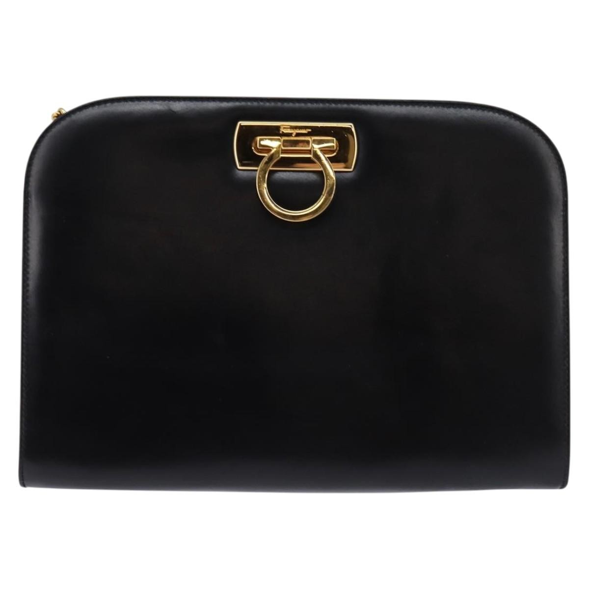 Salvatore Ferragamo Vintage Gancini Chain Shoulder Bag Leather, BLACK, LEATHER, Shoulder bag