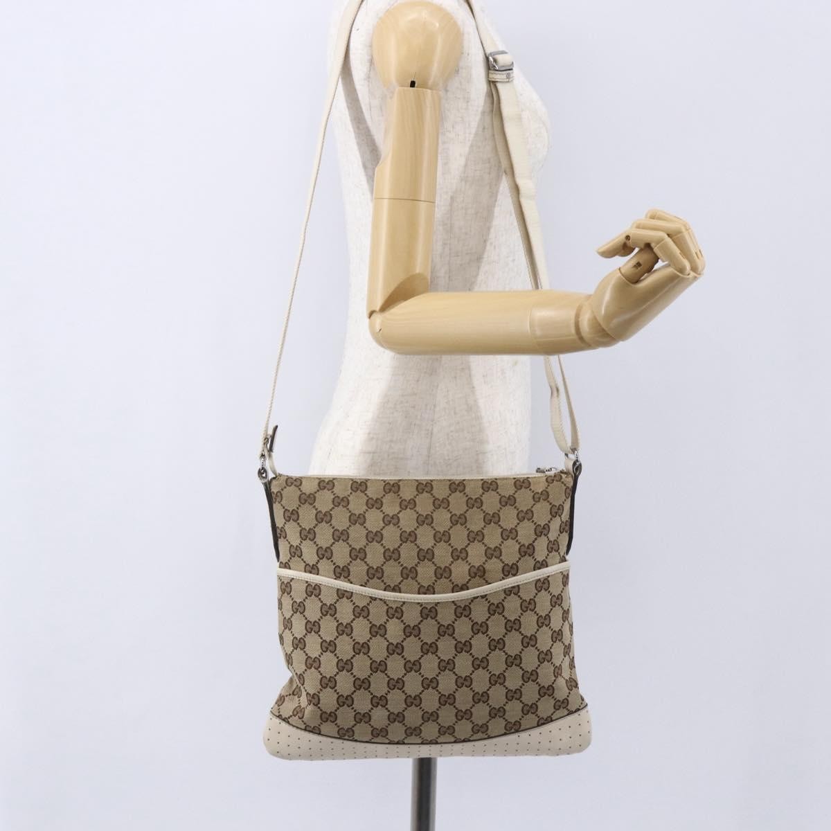 Gucci Zip Messenger Bag GG Canvas with Perforated Leather, BEIGE, CANVAS, Shoulder bag