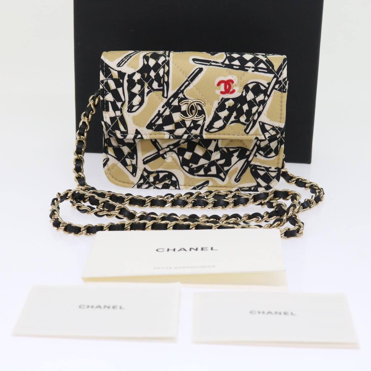 Chanel Flap Card Holder on Chain Quilted Printed Canvas, BEIGE, CANVAS, Shoulder bag
