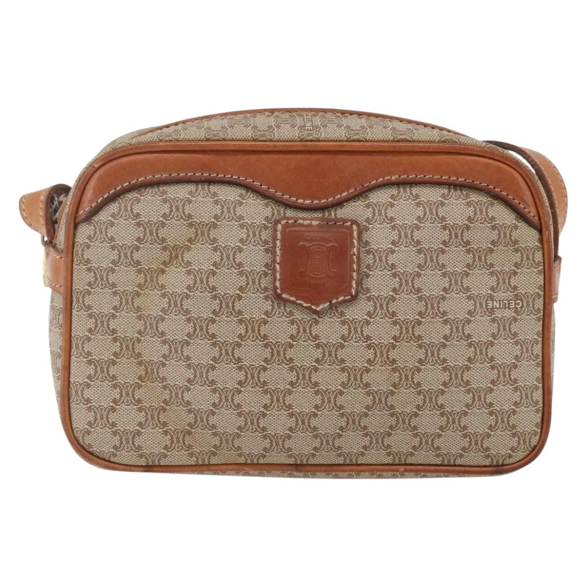 Celine Vintage Macadam Shoulder Bag Canvas and Leather, BEIGE, CANVAS, Shoulder bag