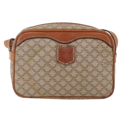 Celine Vintage Macadam Shoulder Bag Canvas and Leather, BEIGE, CANVAS, Shoulder bag