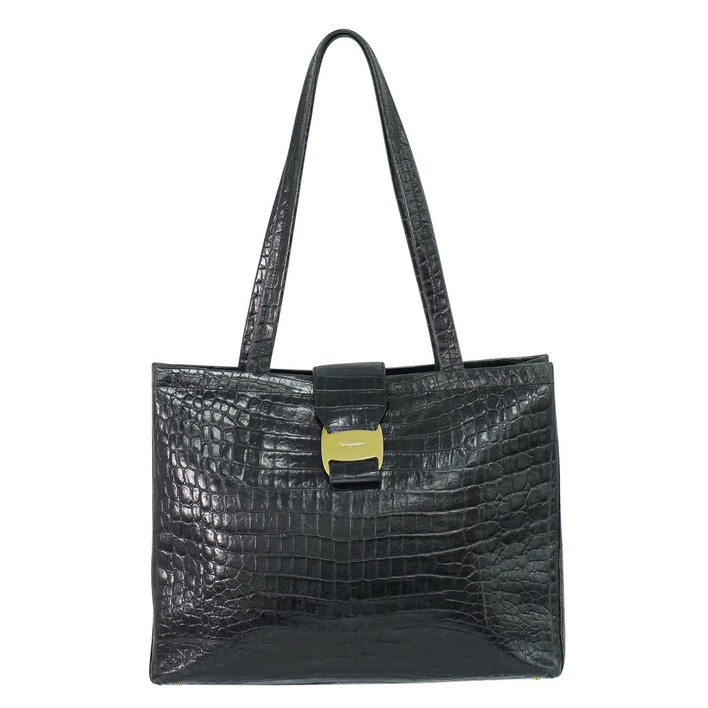 Salvatore Ferragamo Vara Tote Embossed Leather, BLACK, LEATHER, Tote bag