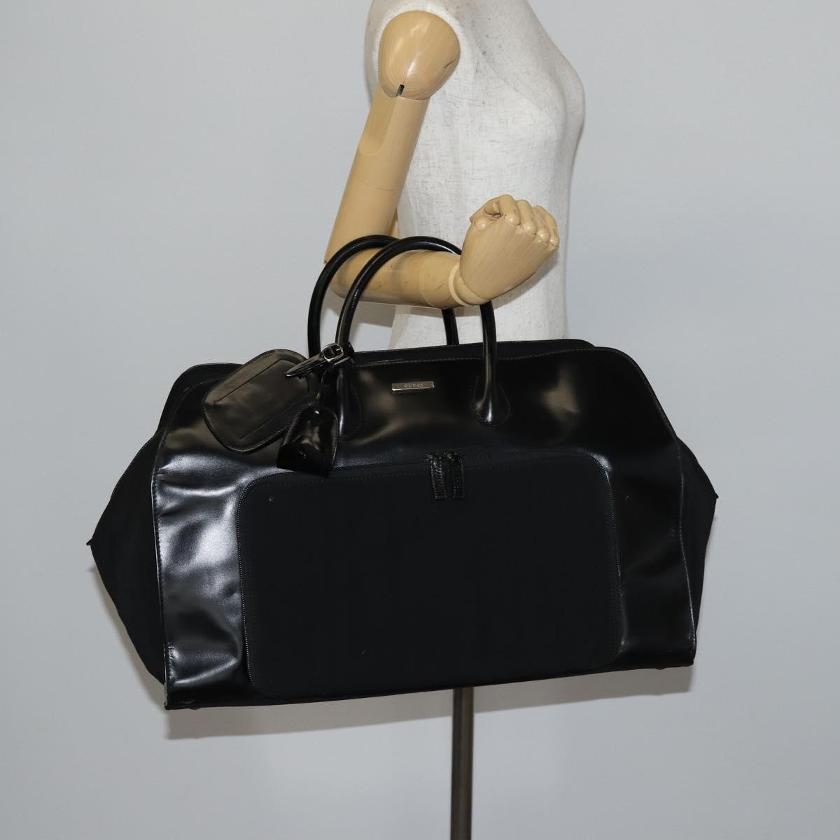 Gucci Travel Boston Bag Leather with Nylon, BLACK, LEATHER, Travel bag