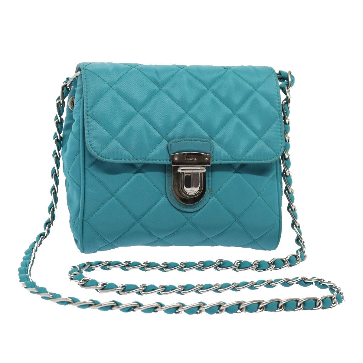 Prada Pushlock Chain Flap Bag Quilted Tessuto, Turquoise, Nylon, Shoulder Bag