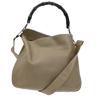 Gucci Vintage Bamboo Handle Open Hobo Leather, BEIGE, LEATHER, Handbag