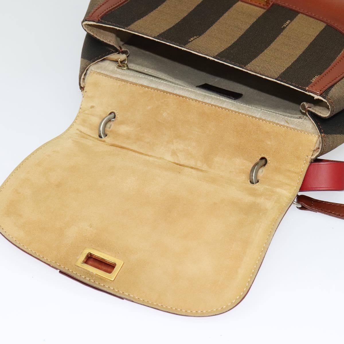 Fendi Silvana Bag Leather with Pequin Canvas, BROWN, LEATHER, Shoulder bag