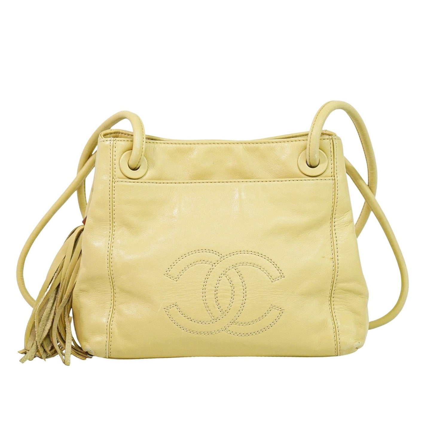 Chanel Vintage CC Tassel Shoulder Bag Lambskin, BEIGE, LEATHER, Shoulder bag