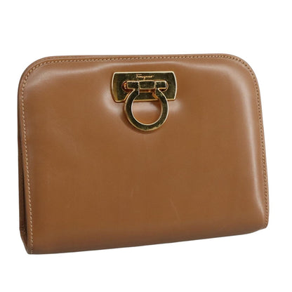 Salvatore Ferragamo Vintage Gancini Pochette Leather, BROWN, LEATHER, Clutche & pouche