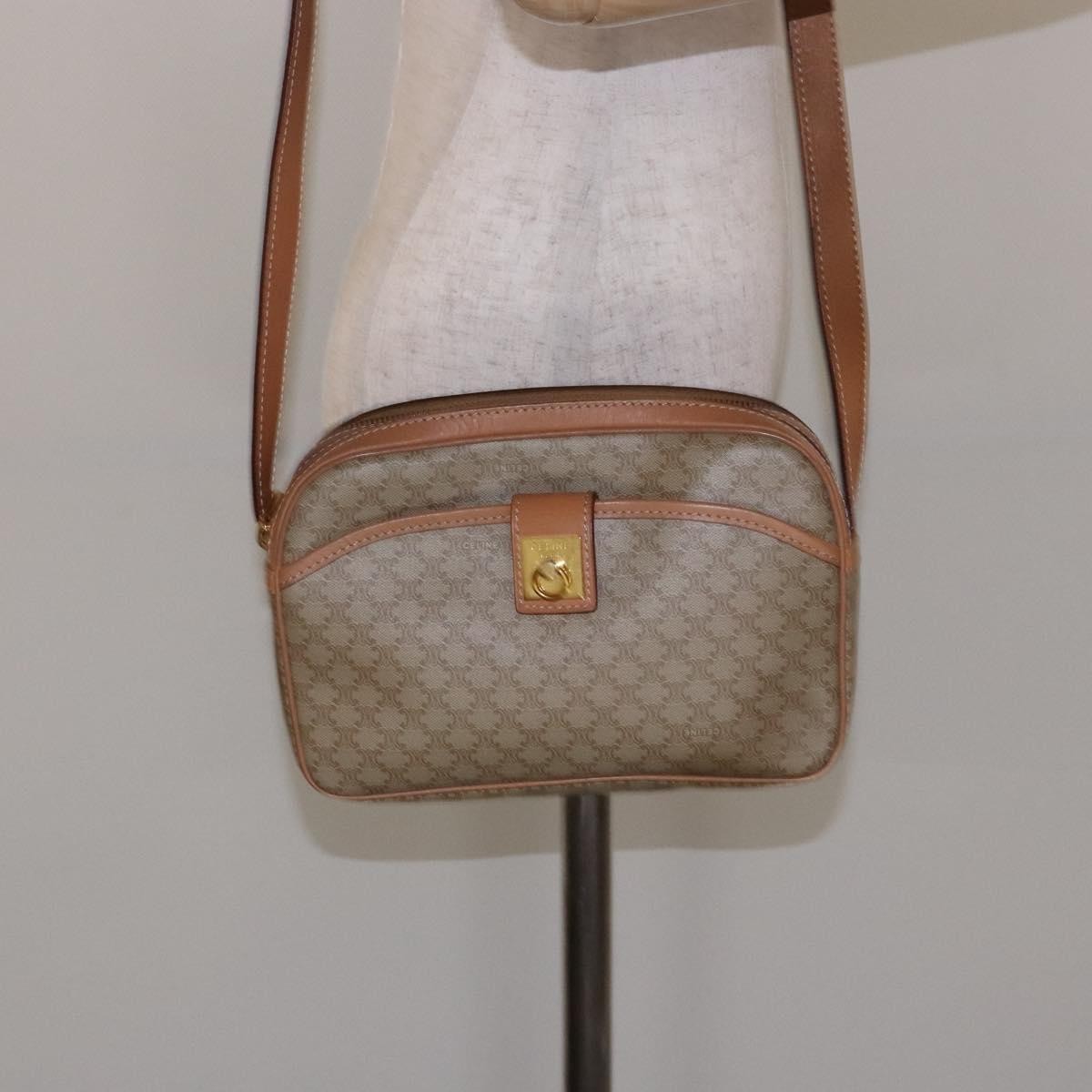 Celine Vintage Macadam Shoulder Bag Canvas and Leather, BEIGE, CANVAS, Shoulder bag