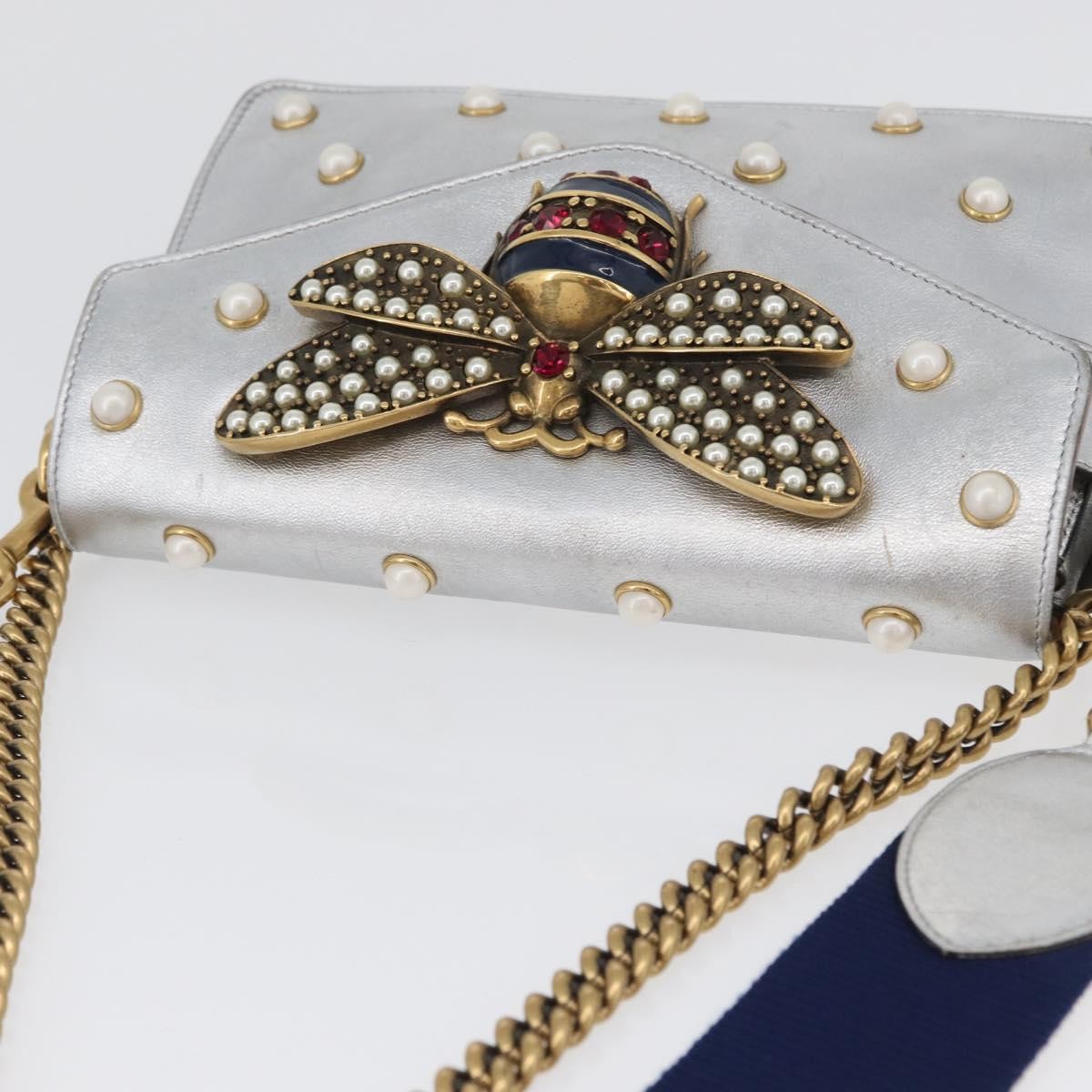Gucci Broadway Pearly Bee Shoulder Bag Embellished Leather, SILVER, LEATHER, Shoulder bag
