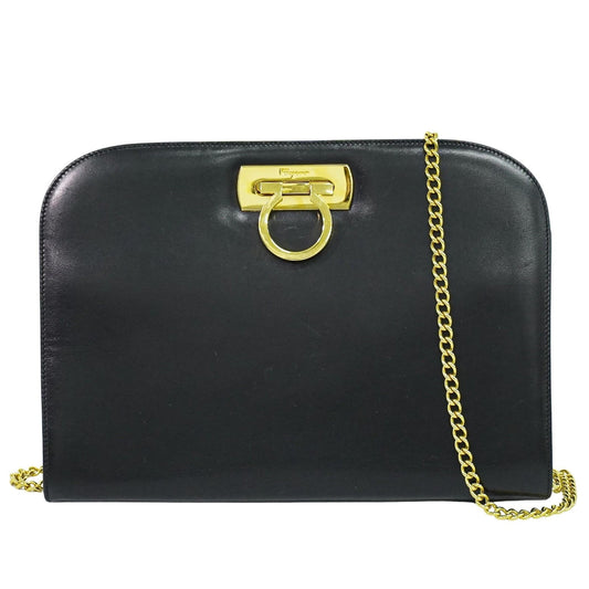 Salvatore Ferragamo Vintage Gancini Chain Shoulder Bag Leather, BLACK, LEATHER, Shoulder bag