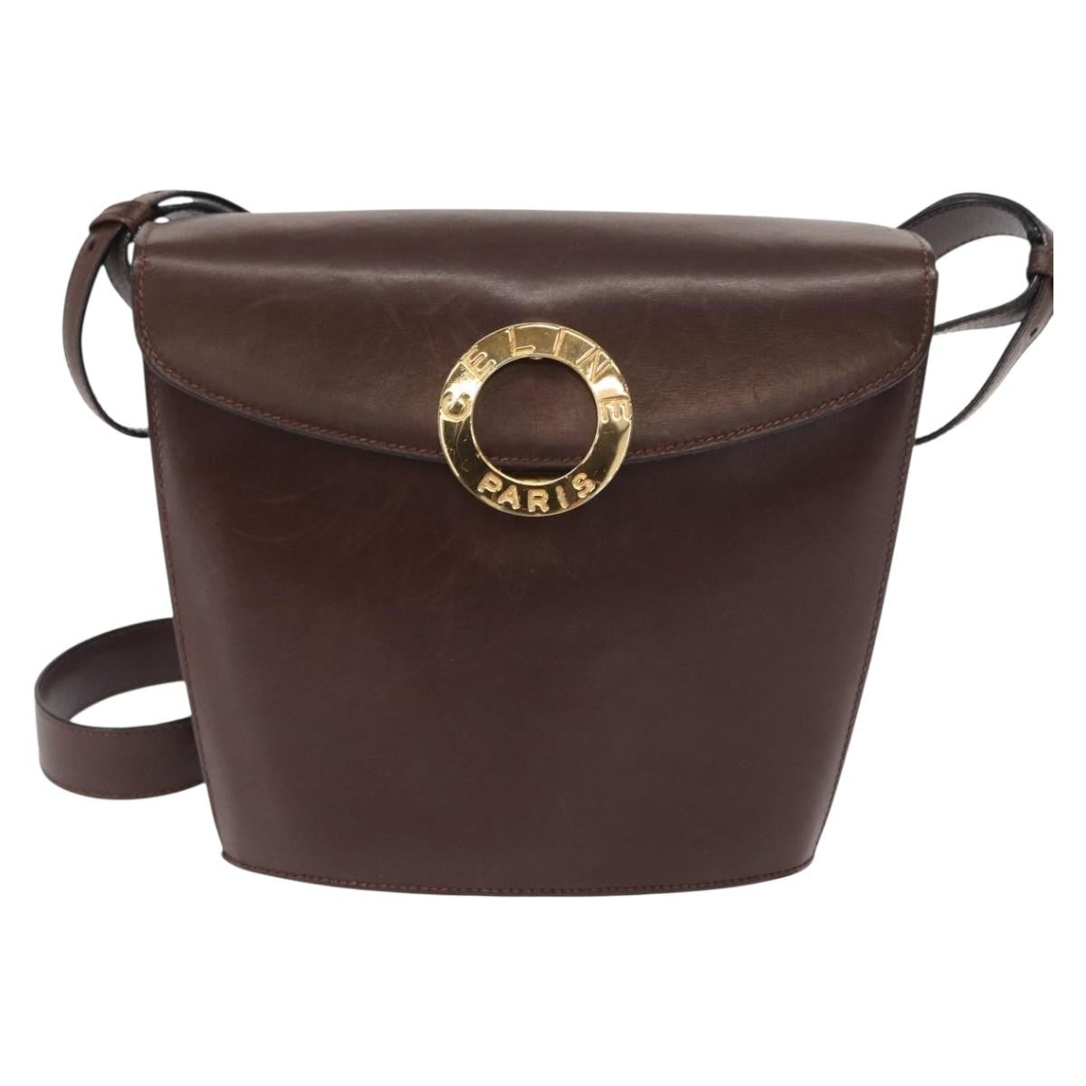 Celine Circle Logo Shoulder Bag Leather, BROWN, LEATHER, Shoulder bag