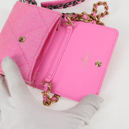 Chanel 19 Flap Coin Purse With Chain Quilted Denim, PINK, CANVAS, Wallets