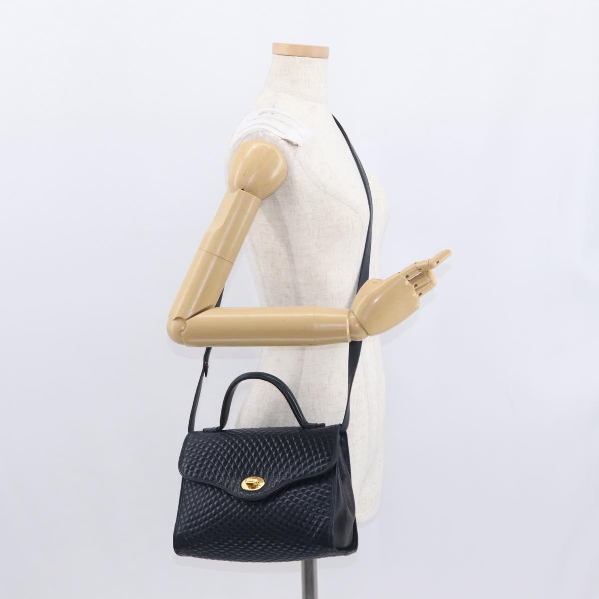 Bally Vintage Handbag Quilted Leather, NAVY, LEATHER, Handbag