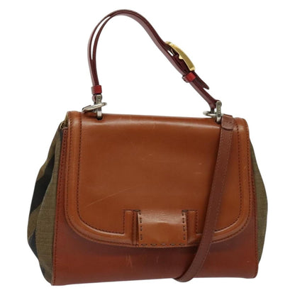 Fendi Silvana Bag Leather with Pequin Canvas, BROWN, LEATHER, Shoulder bag