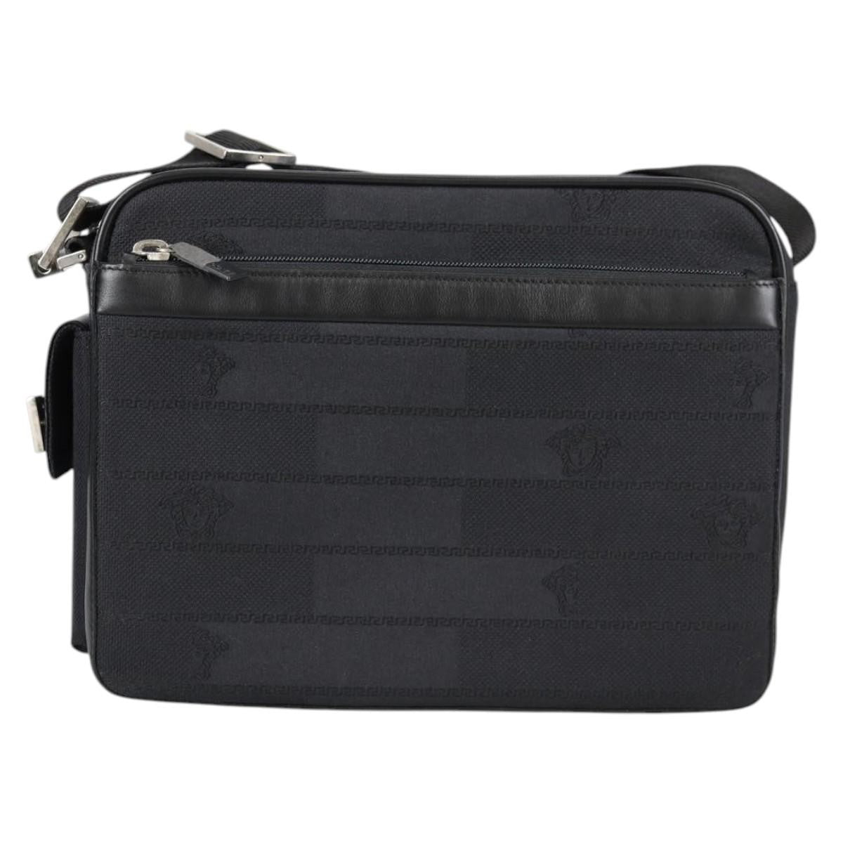 Versace Front Pocket Shoulder Bag Leather and Canvas, BLACK, CANVAS, Shoulder bag