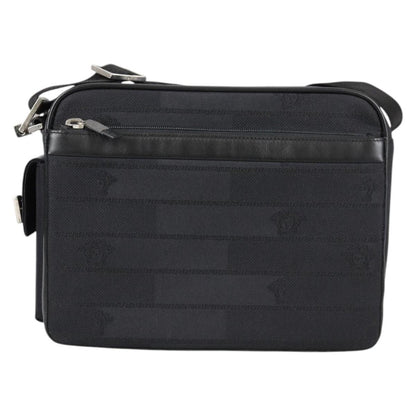 Versace Front Pocket Shoulder Bag Leather and Canvas, BLACK, CANVAS, Shoulder bag