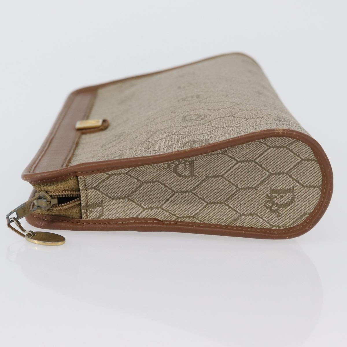 Christian Dior Vintage Honeycomb Zip Pouch Canvas and Leather, BEIGE, CANVAS, Clutche & pouche