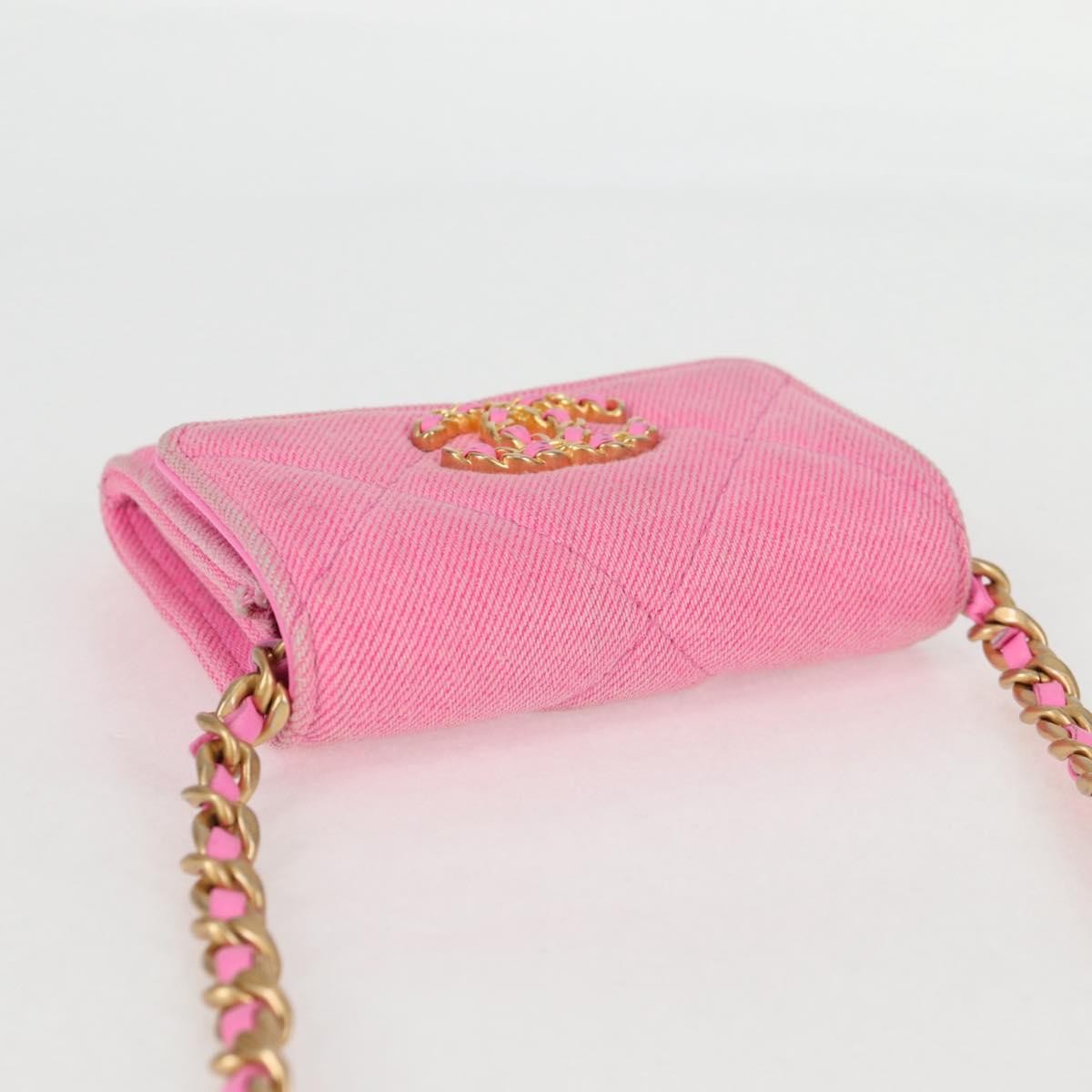 Chanel 19 Flap Coin Purse With Chain Quilted Denim, PINK, CANVAS, Wallets