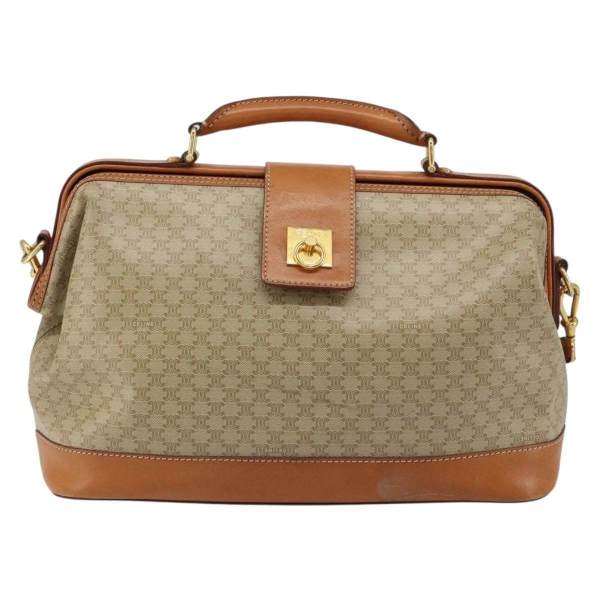 Celine Vintage Macadam Handbag Canvas and Leather, BEIGE, CANVAS, Handbag