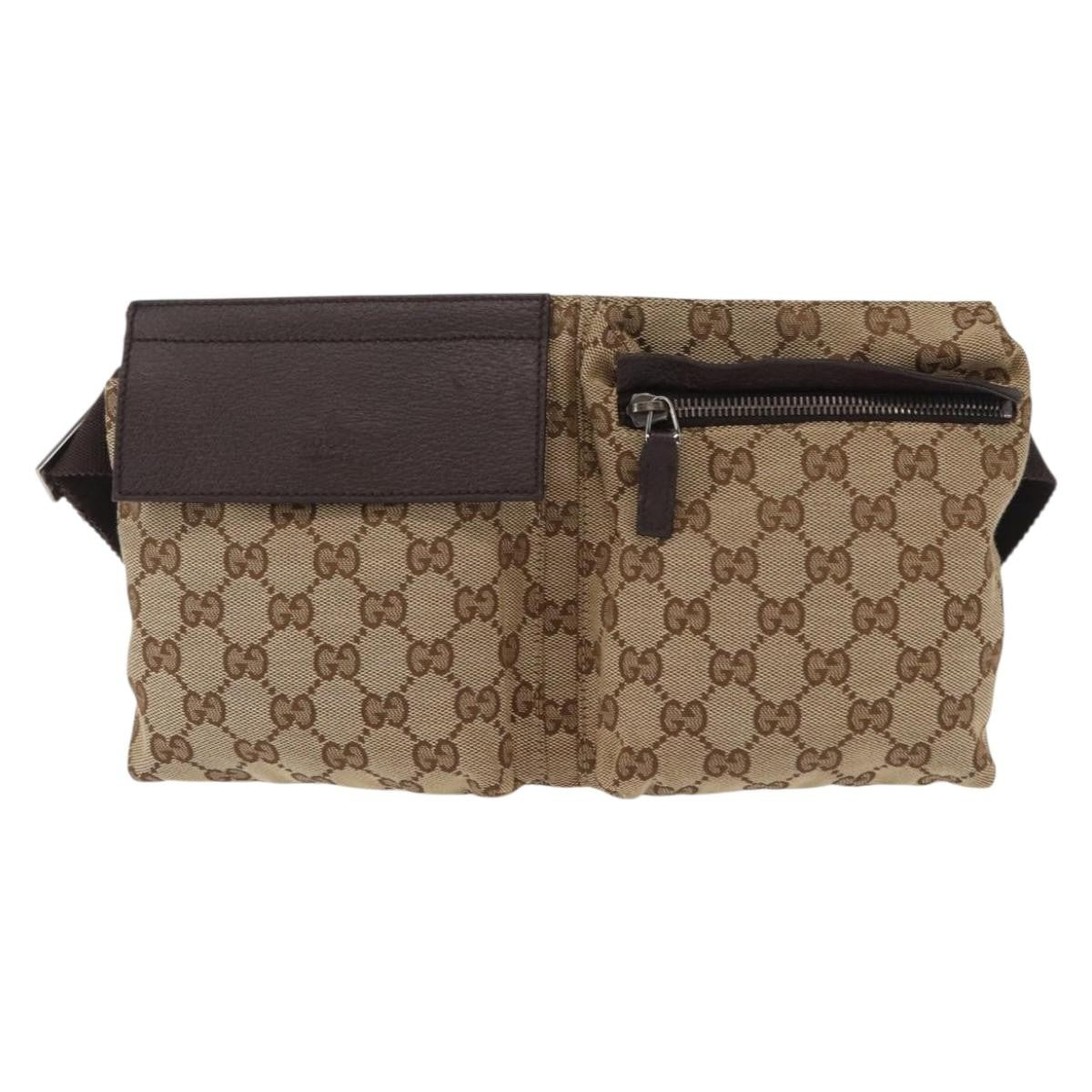 Gucci Vintage Double Belt Bag GG Canvas with Leather, BEIGE, CANVAS, Clutche & pouche