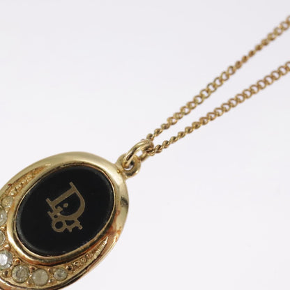Christian Dior Vintage Logo Round Pendant Necklace Metal and Crystals, GOLD, METAL, Necklace