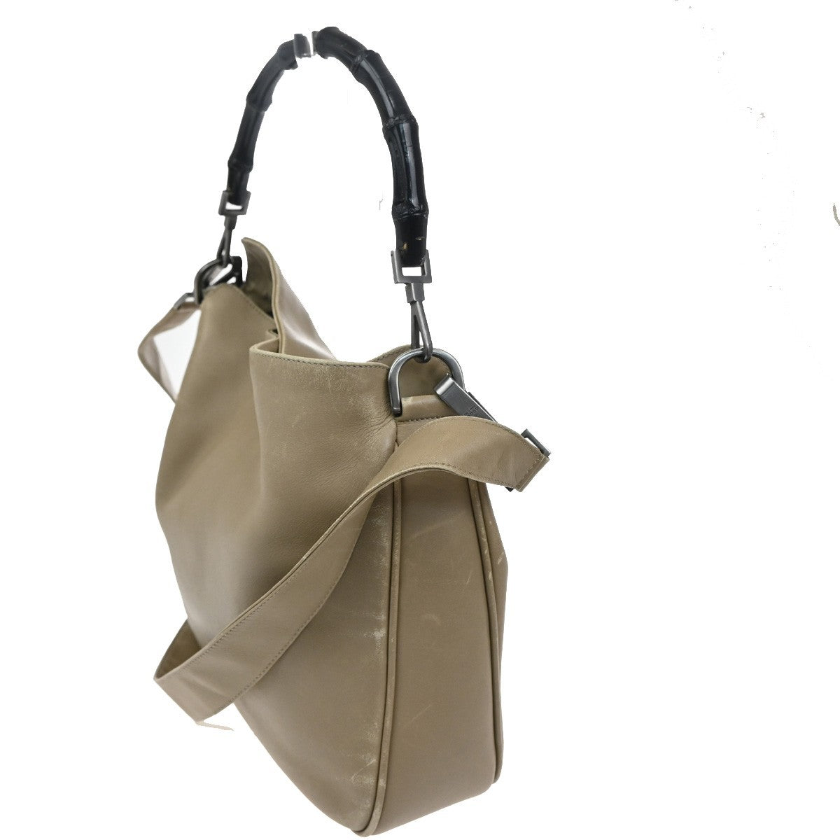 Gucci Vintage Bamboo Handle Open Hobo Leather, BEIGE, LEATHER, Handbag