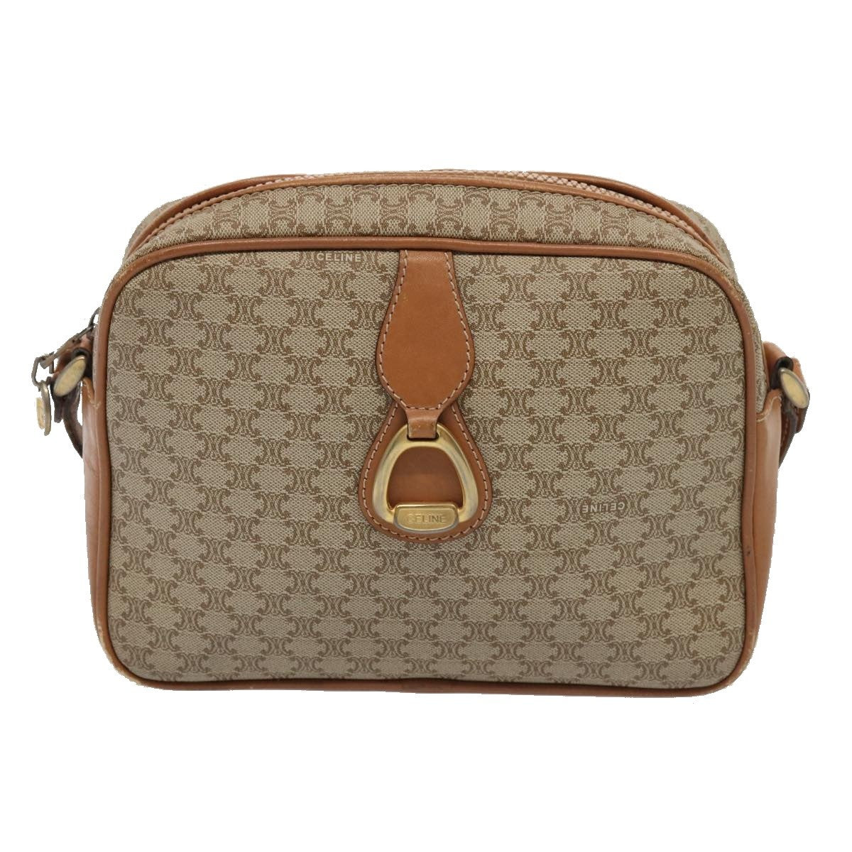 Celine Vintage Macadam Shoulder Bag Canvas and Leather, BEIGE, CANVAS, Shoulder bag