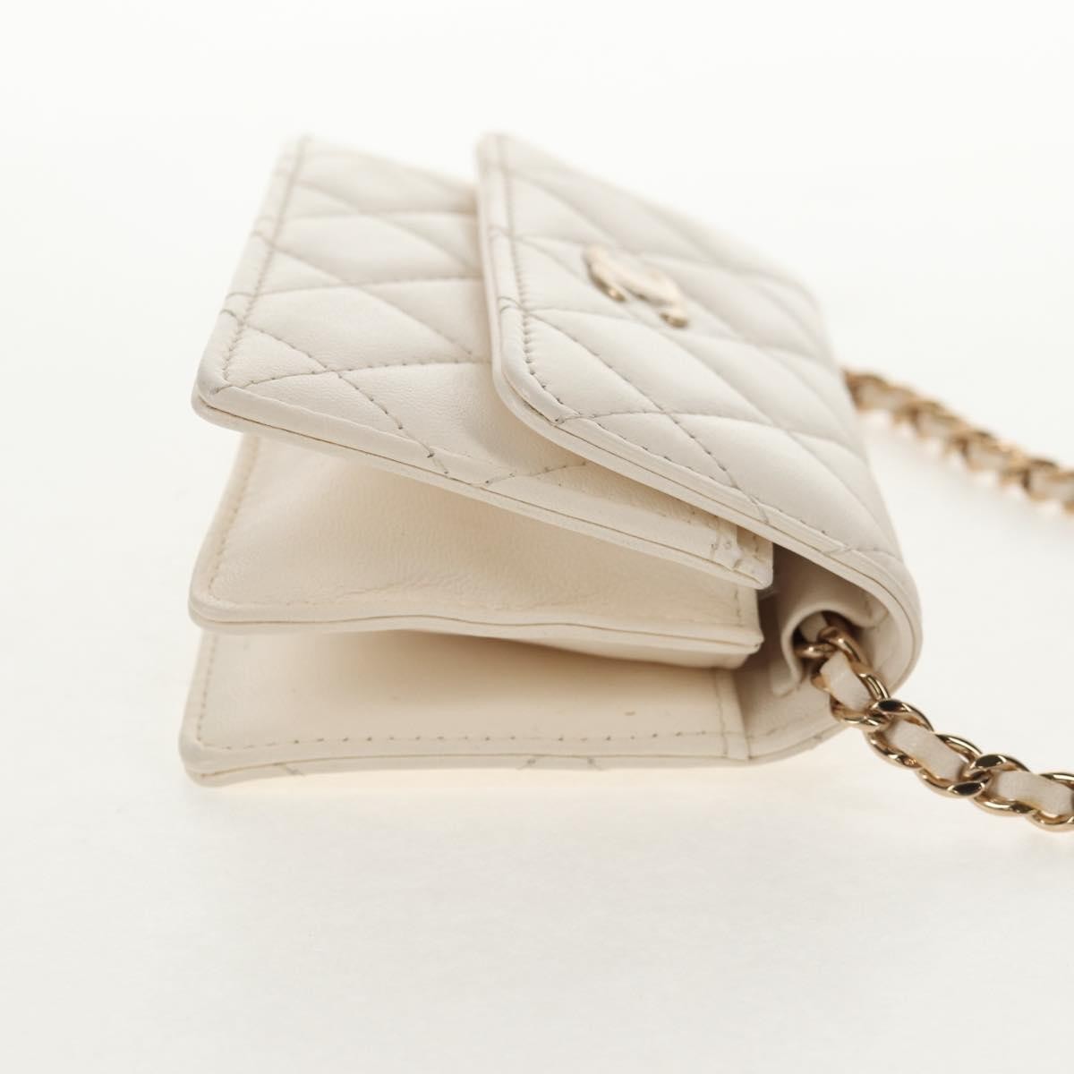 Chanel Camellia Bow Flap Card Holder with Chain Quilted Lambskin, WHITE, LEATHER, Shoulder bag