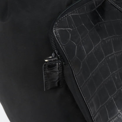 Prada Cinch Buckle Flap Backpack Tessuto with Crocodile Embossed Leather, BLACK, NYLON, Backpack
