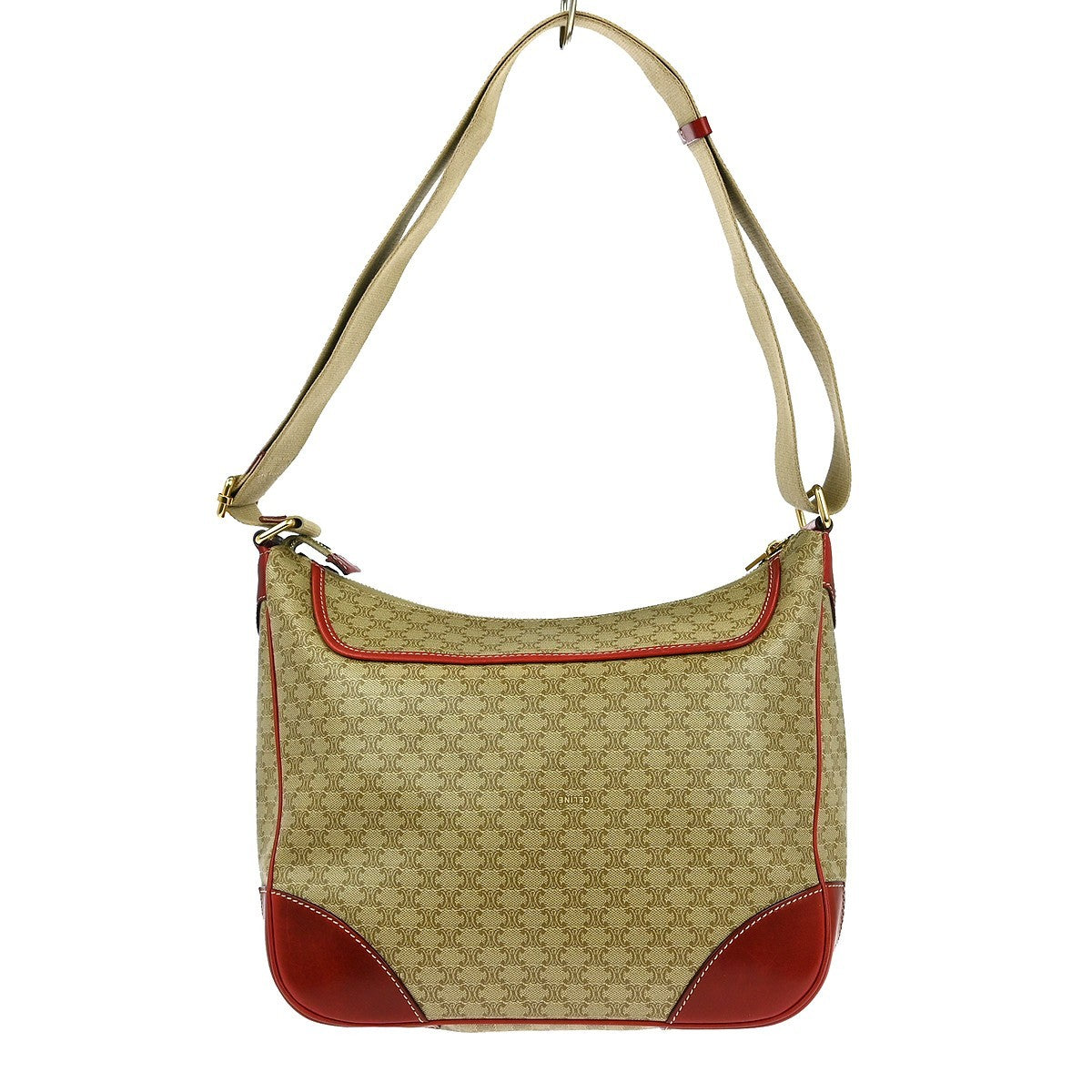 Celine Vintage Macadam Shoulder Bag Canvas and Leather, BEIGE, CANVAS, Shoulder bag
