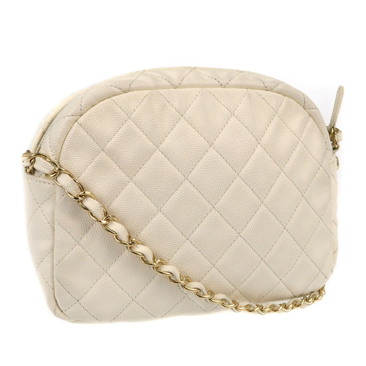 Chanel CC Day Camera Case Quilted Caviar, WHITE, LEATHER, Shoulder bag