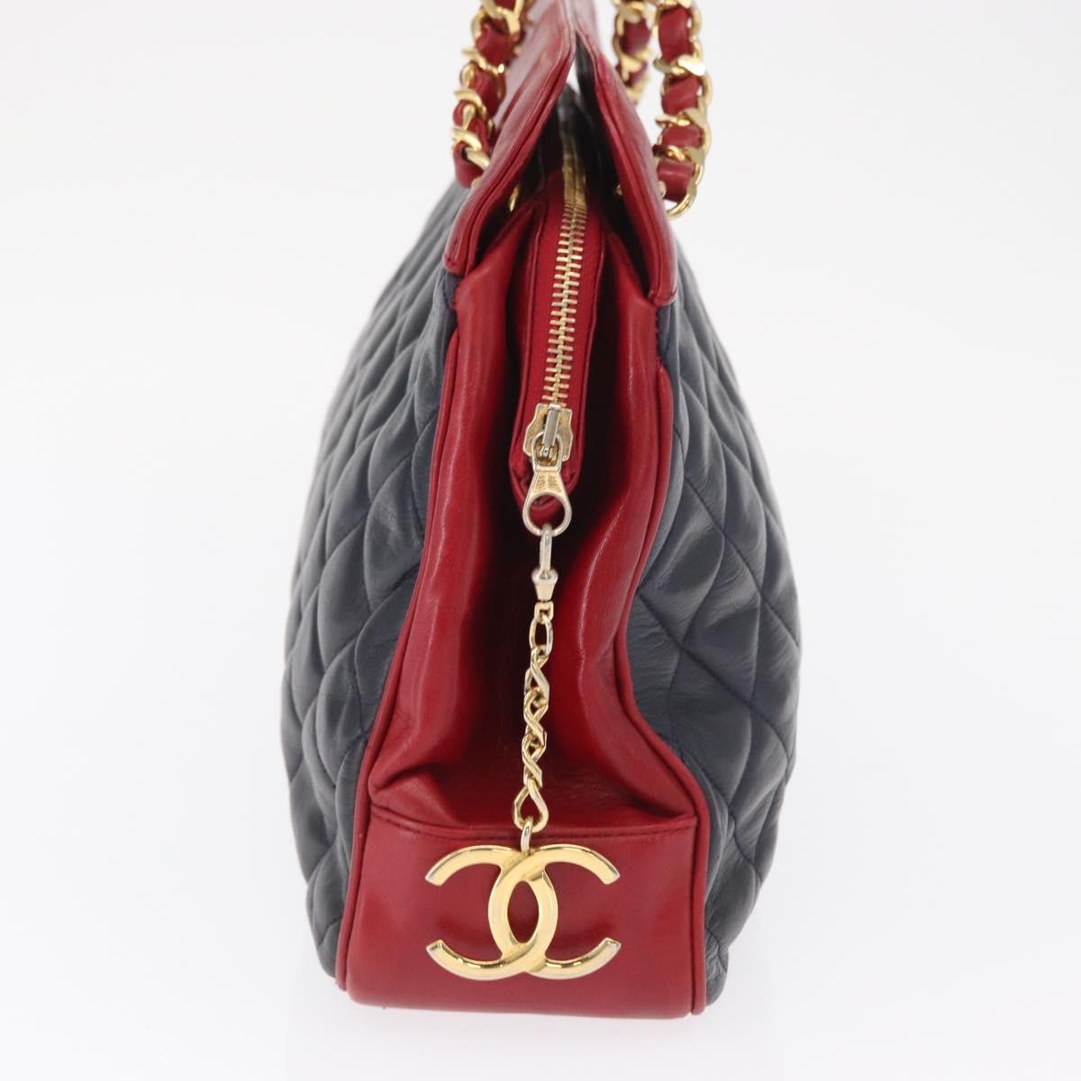 Chanel Vintage Chain Tote Quilted Lambskin, NAVY, LEATHER, Shoulder bag