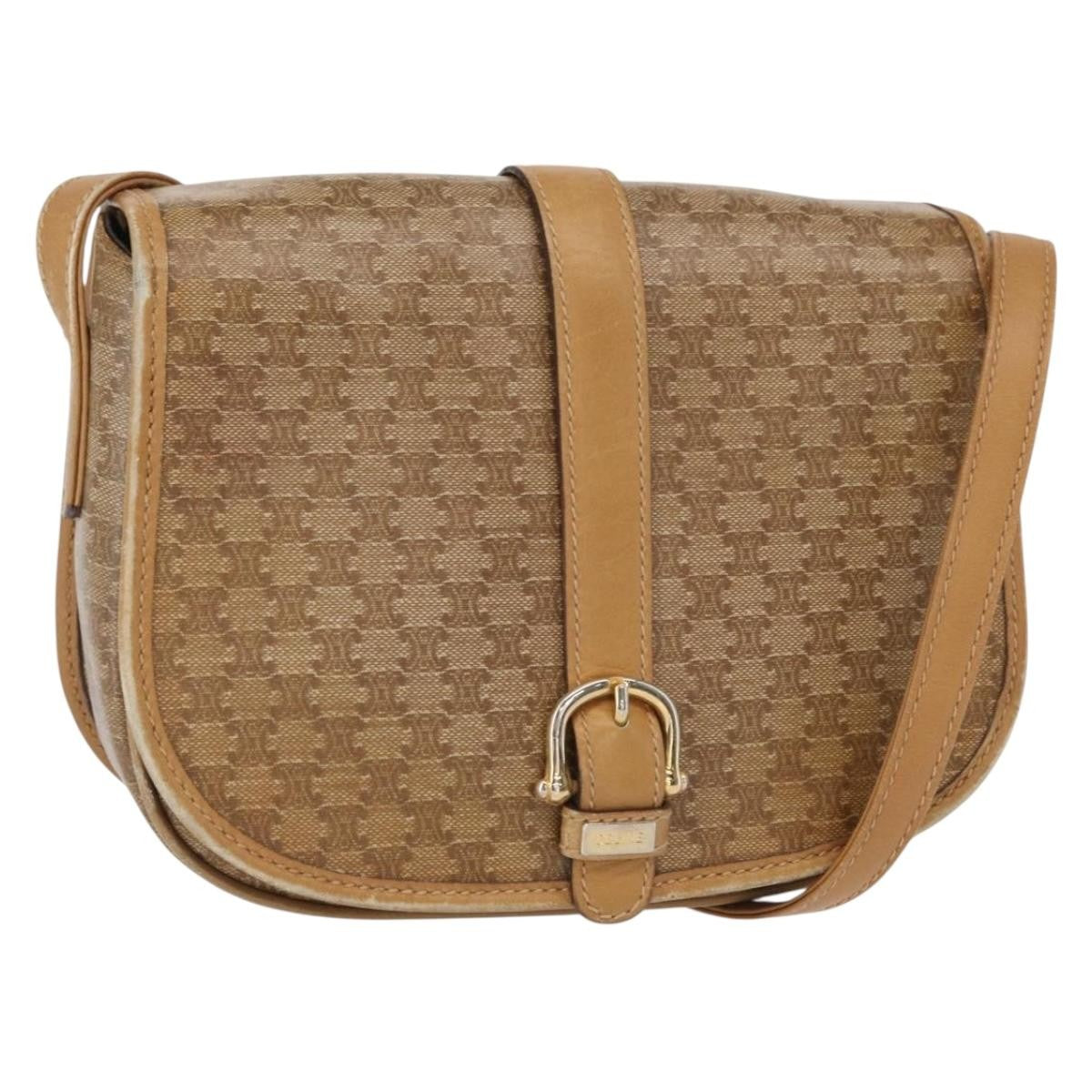 Celine Vintage Macadam Shoulder Bag Canvas and Leather, BEIGE, CANVAS, Shoulder bag
