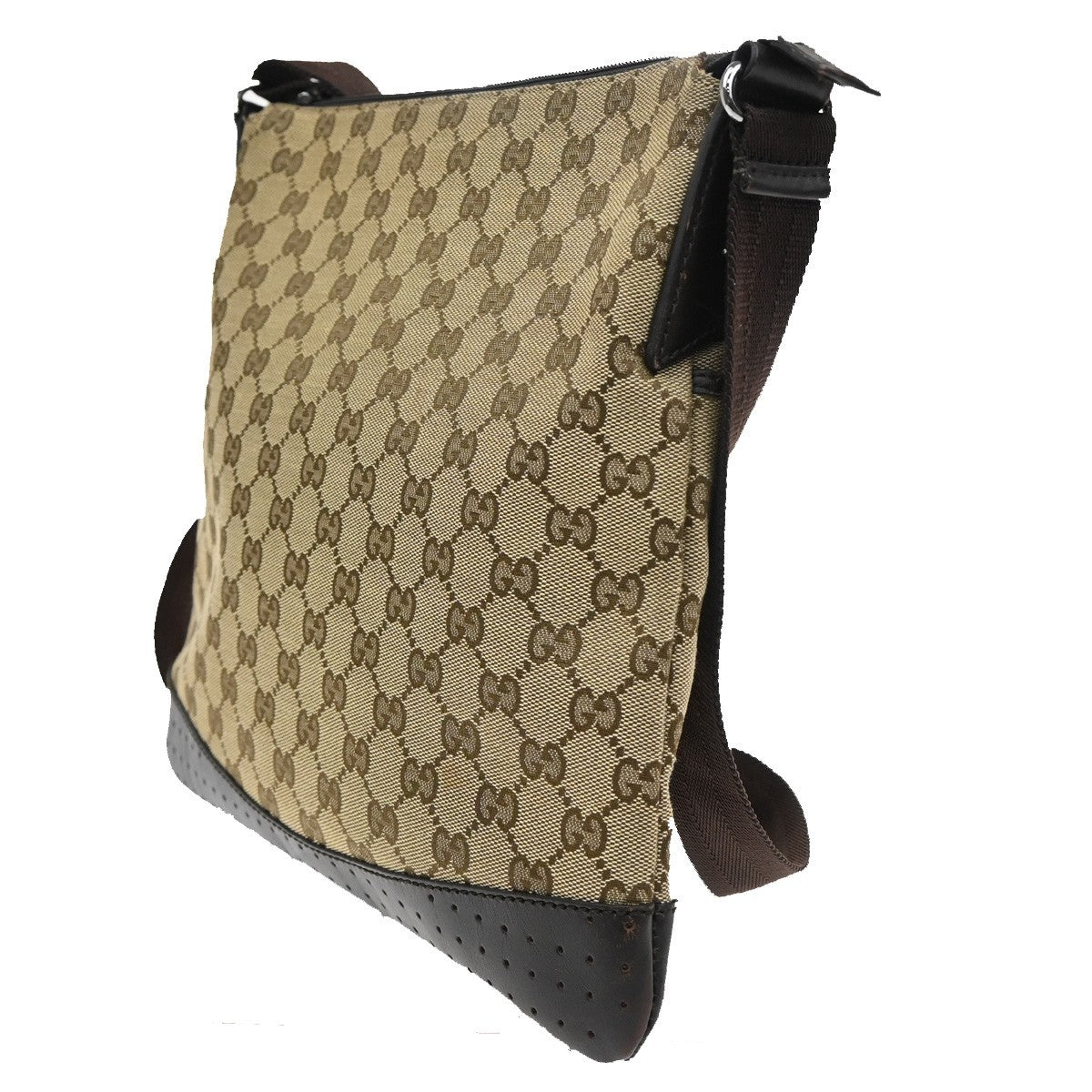 Gucci Zip Messenger Bag GG Canvas with Perforated Leather, BROWN, CANVAS, Shoulder bag