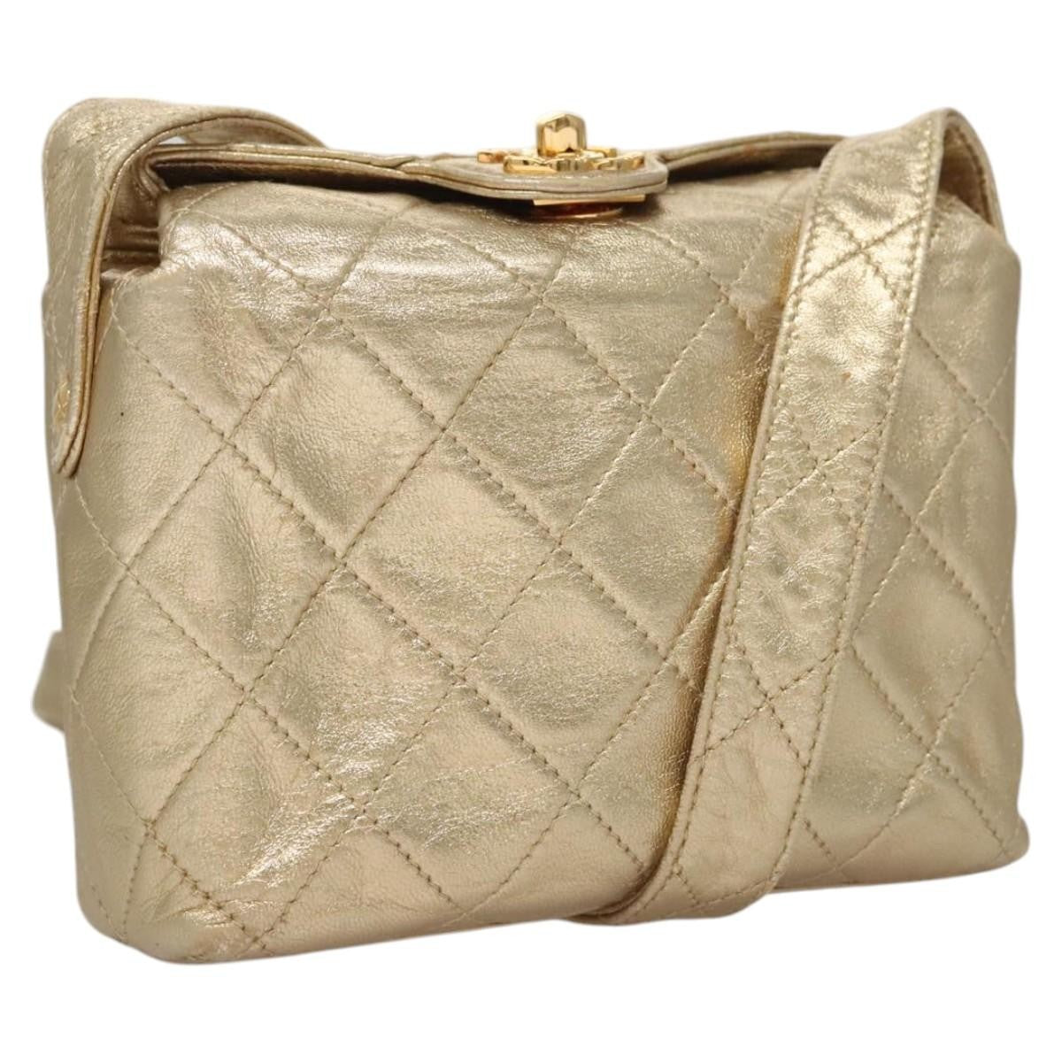 Chanel Vintage CC Fold Over Shoulder Bag Quilted Lambskin, GOLD, LEATHER, Shoulder bag