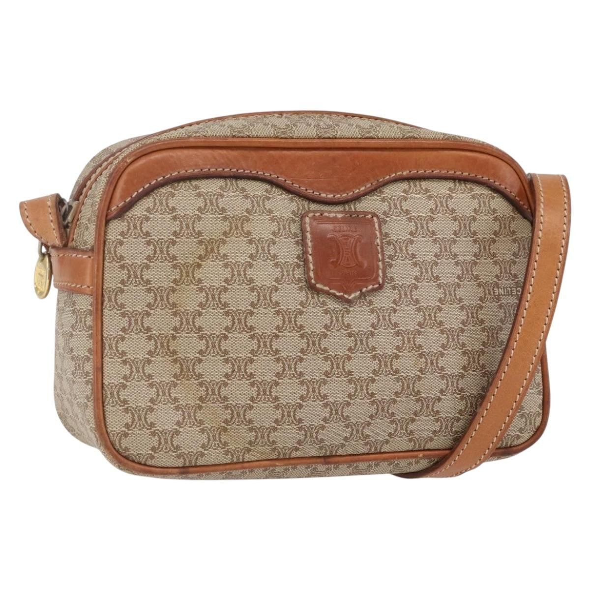 Celine Vintage Macadam Shoulder Bag Canvas and Leather, BEIGE, CANVAS, Shoulder bag