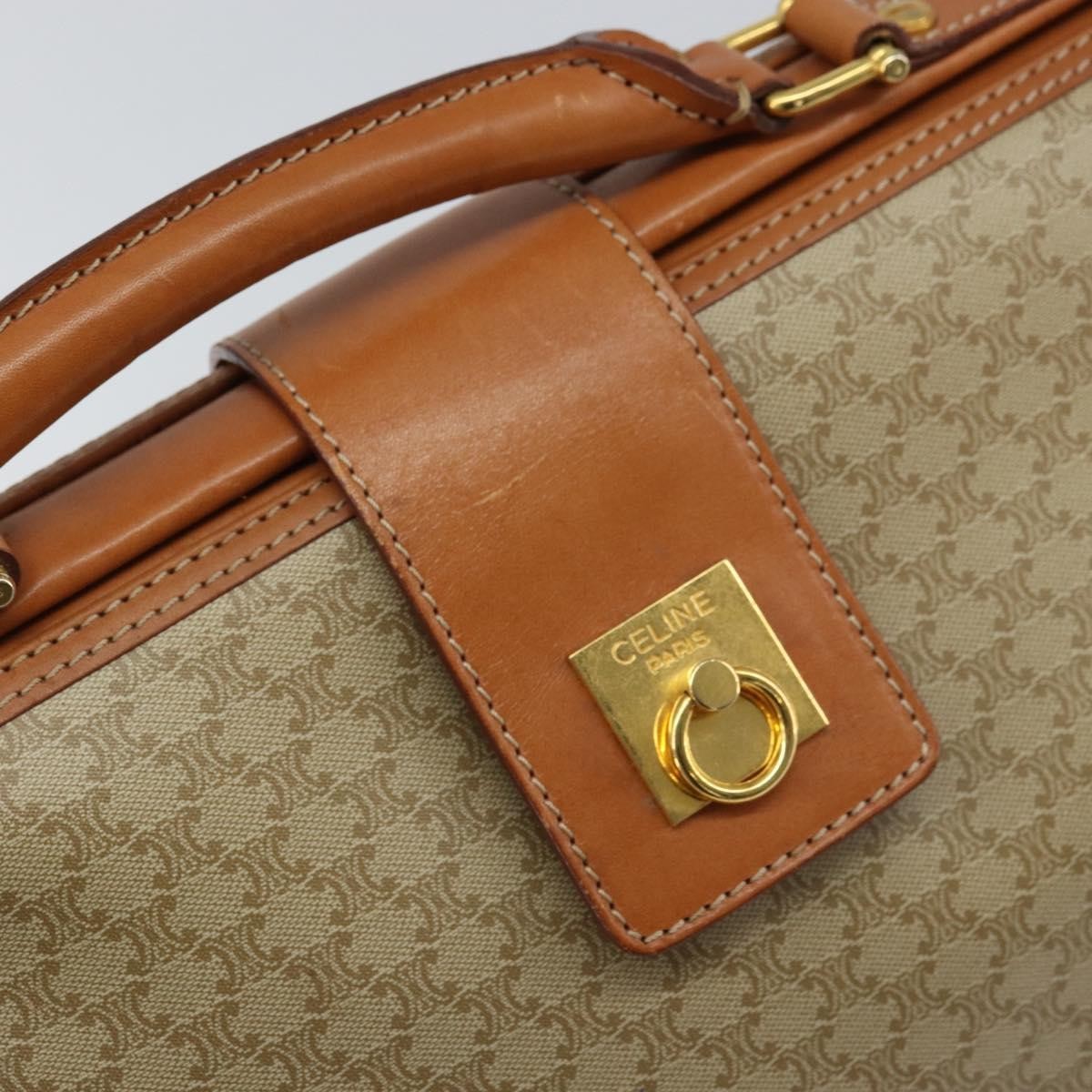 Celine Vintage Macadam Handbag Canvas and Leather, BEIGE, CANVAS, Handbag