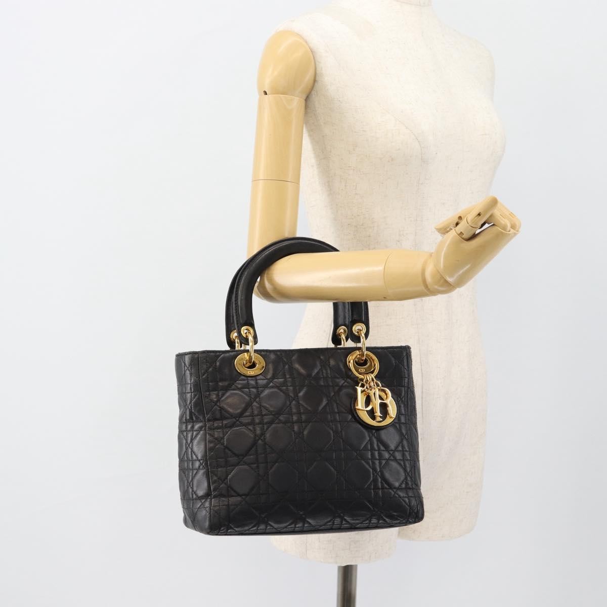Christian Dior Lady Dior Bag Leather, Black, Leather, Handbag