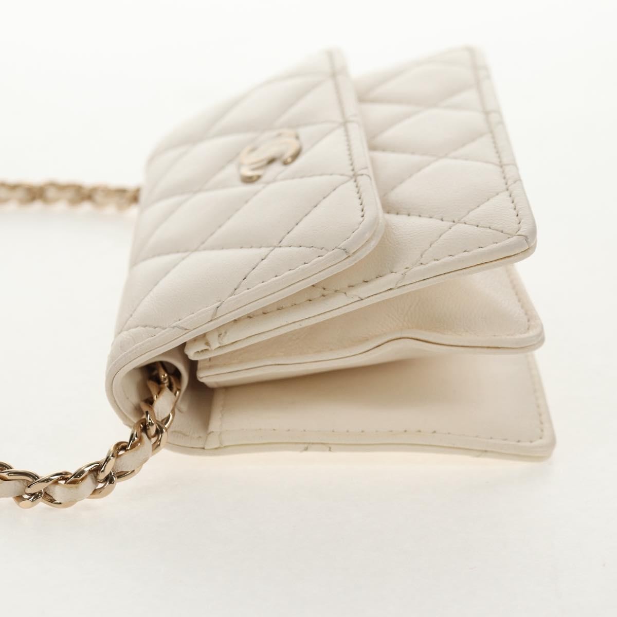 Chanel Camellia Bow Flap Card Holder with Chain Quilted Lambskin, WHITE, LEATHER, Shoulder bag