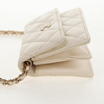 Chanel Camellia Bow Flap Card Holder with Chain Quilted Lambskin, WHITE, LEATHER, Shoulder bag