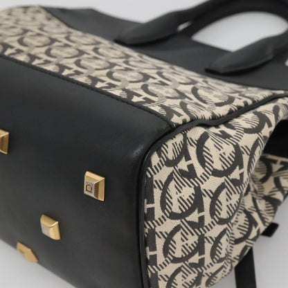 Salvatore Ferragamo Studio Satchel Gancini Jacquard and Leather, BLACK, CANVAS, Handbag