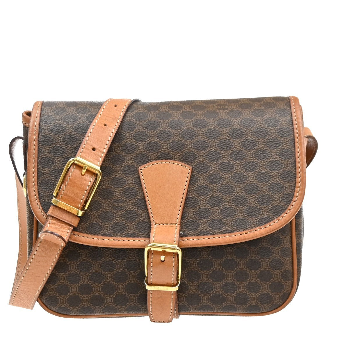 Celine Vintage Macadam Shoulder Bag Canvas and Leather, Brown, PVC, Shoulder Bag