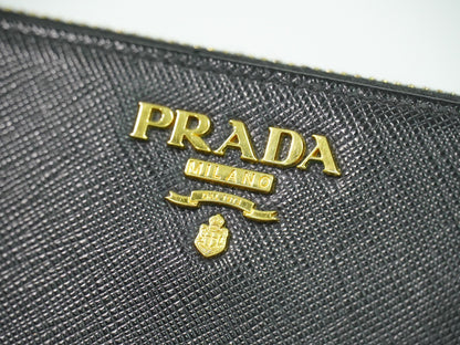 Prada Zip Around Tab Wallet Saffiano Leather, Black, Leather, Wallet