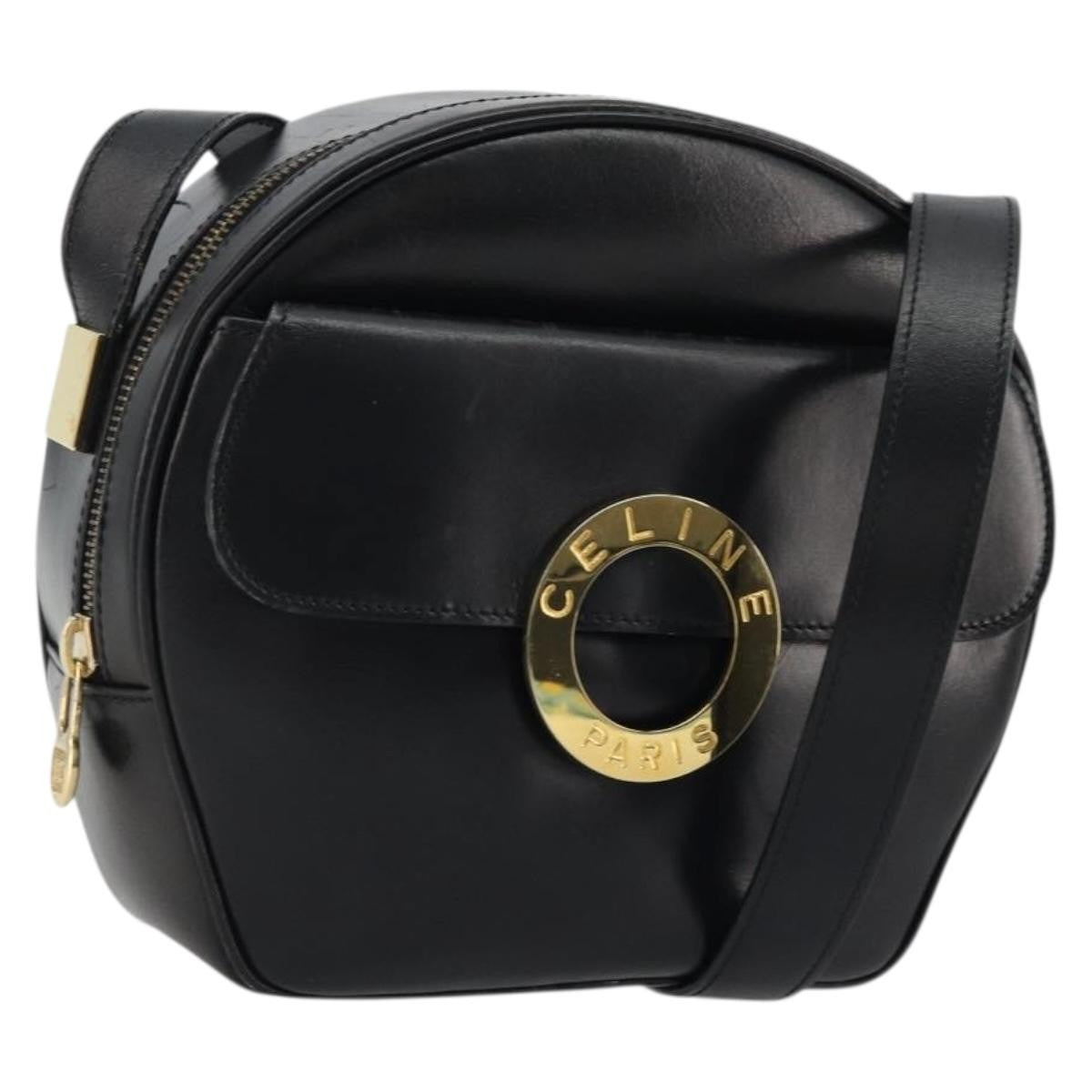 Celine Circle Logo Shoulder Bag Leather, Black, Leather, Shoulder Bag