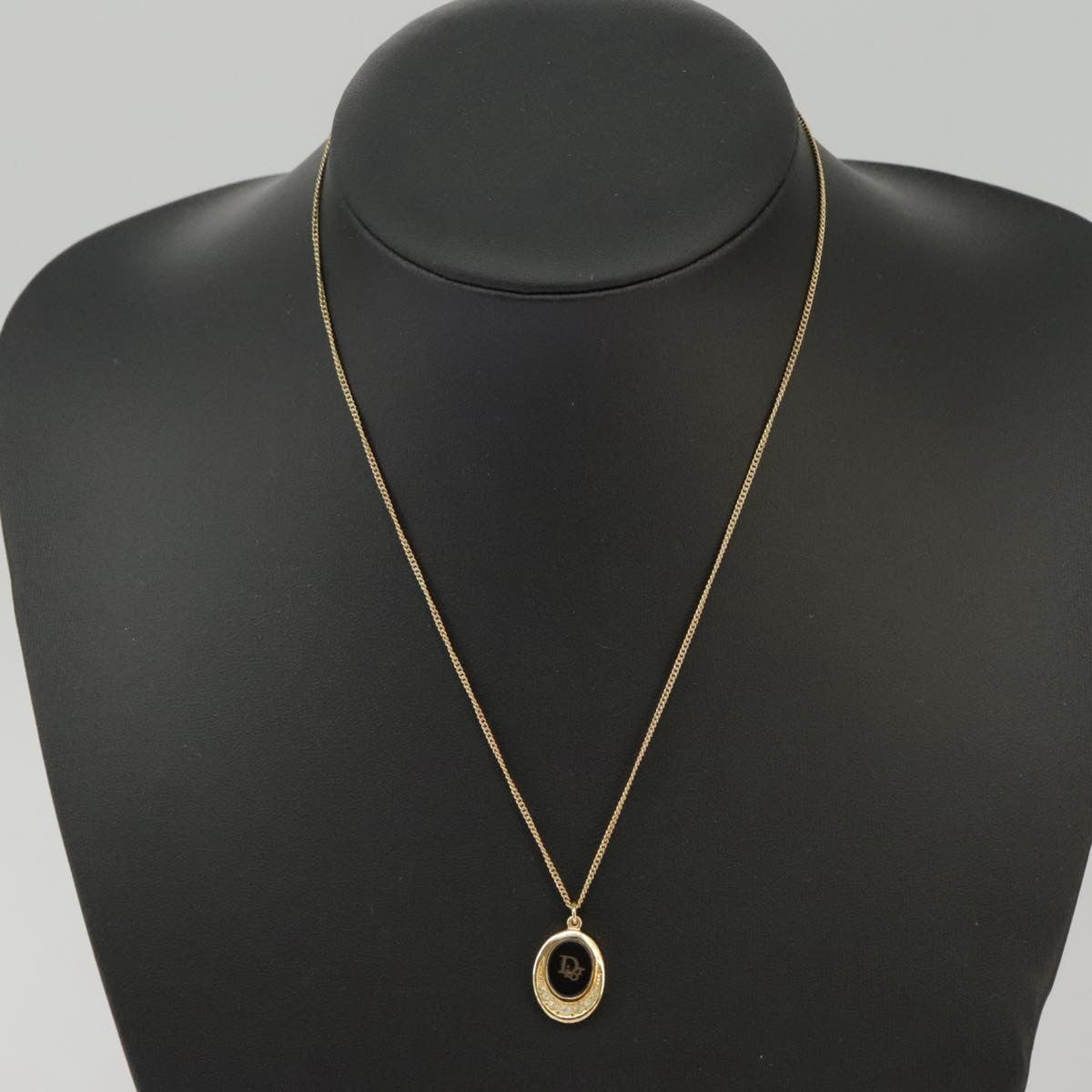 Christian Dior Vintage Logo Round Pendant Necklace Metal and Crystals, GOLD, METAL, Necklace
