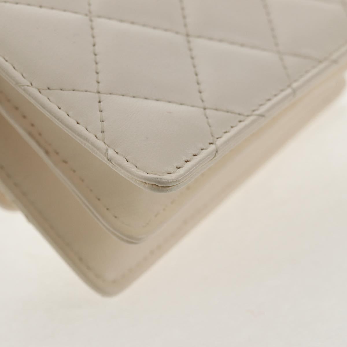 Chanel Camellia Bow Flap Card Holder with Chain Quilted Lambskin, WHITE, LEATHER, Shoulder bag